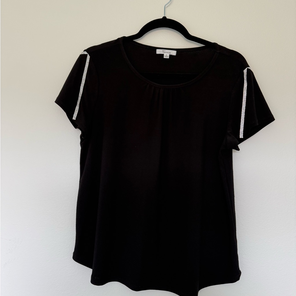 89th & Madison Black Short Sleeve Blouse With Rhinestone Shoulder Stripes